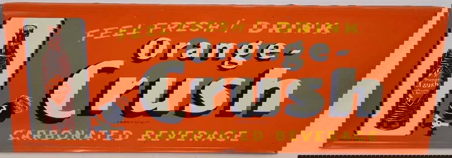 Embossed Orange Crush Soda "Crushy" SST Horizontal Sign: This sign is marked "Form B-942." This sign has great color and gloss throughout and is in very good overall condition. It has a self framed edge around the perimeter and only has some light wear to t