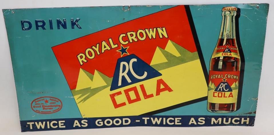 Drink Royal Crown RC Cola Embossed SST Sign with Pyramid Logo: This sign is a great early Royal Crown embossed sign with really good color and gloss. There is some surface wear and scratches but displays really well overall. There are also a few holes added near