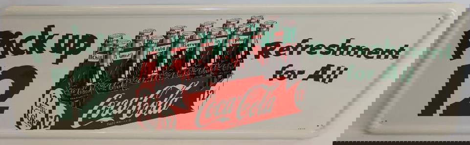 Coca-Cola Pick Up 12 Graphic Horizontal Advertising Sign: This sign is marked "AM 11-55." It is in excellent overall condition with only minor wear. It is 50" x 16" and is graded a 9.