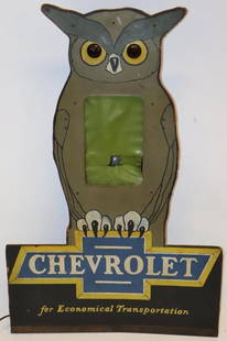 1920's Chevrolet Wise Owl Light Up Countertop Dealership Display: This is a very desirable masonite Chevrolet display. It is in good working condition. The masonite has some minor paint flaking near the top and some slight fading to some of the painted areas. The ce