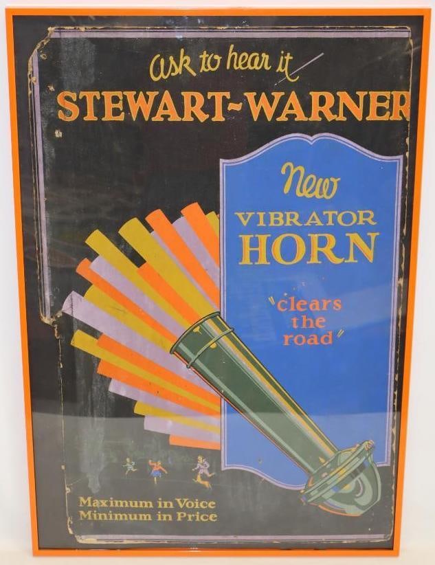 Stewart Warner Automobile Horns Cardboard Advertising Display: This colorful display is framed. It has wear along the entire outer edge with some portions trimmed. There is also some light staining to the field. 39" x 26.5" Graded 7.