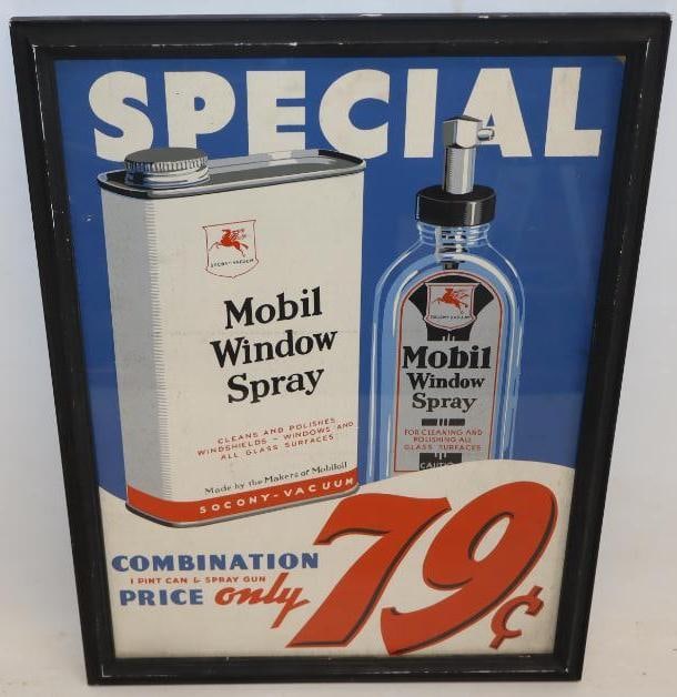 Mobil Special Window Spray Framed Cardboard Advertising Display: This display has great graphics of a can and bottle. There is some slight discoloration throughout. There is some wear near the corners. 21.5" x 16".