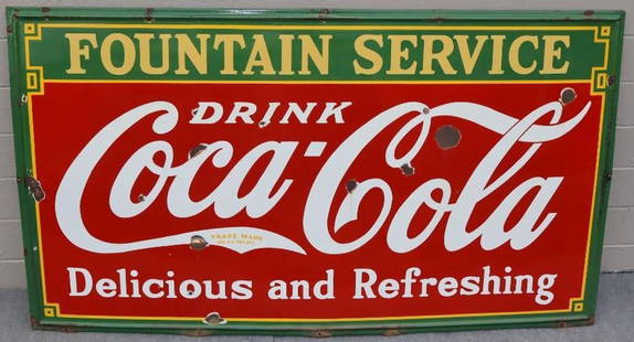 Large Coca-Cola Fountain Service SSP Porcelain Billboard Sign: This sign has good color and gloss throughout with a handful of chips to the field. There is also chipping and some additional holes drilled through the raised edge. It is marked 1935 Tennessee Enamel