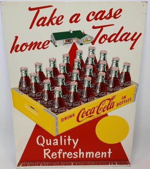 Graphic Coca-Cola Take A Case Home Today SST Advertising Sign: This sign is marked "Roberston 4-52." It is in overall excellent condition with only minor wear. It is 28" x 19.75" and is graded a 9.
