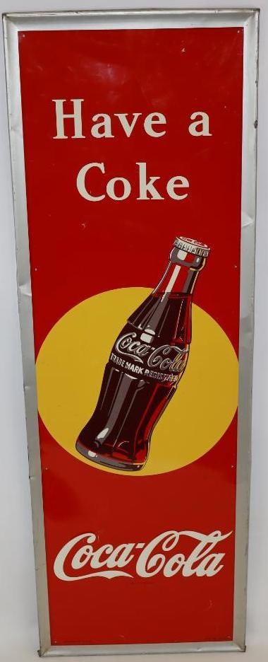 "Have A Coke" Coca-Cola Vertical SST Advertising Sign: This sign is marked "AAW 10-47." There is some light wear and scratches to the field, but shows great color and gloss throughout. It measures 54" x 18" and is graded an 8.25.