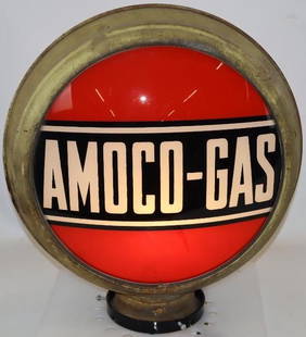 Rare Amoco-Gas 15" Gas Pump Globe: This is two Amoco-Gas lenses on a patina high profile 15" metal body. The display lens is in excellent condition, while the reverse has heavy wear and washout throughout. This is a very difficult to f