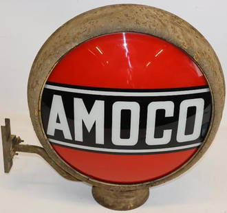 American Amoco Gas Pump Globe with Unique Pricer Attachment: This is a single 15" Amoco lens on a very unusual original paint metal body with pricer attachment. The lens is in good overall condition with only some slight surface scratches. 20" x 19" x 6" overal