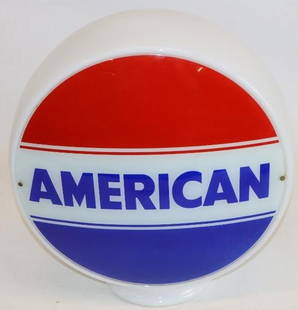American Oil Co Milk Glass Gas Pump Globe: These are 12.5" lenses on an original wide milk glass body. The display lens is very nice while the reverse has a horseshoe shaped crack. 13.5" x 14.5" x 6" overall.