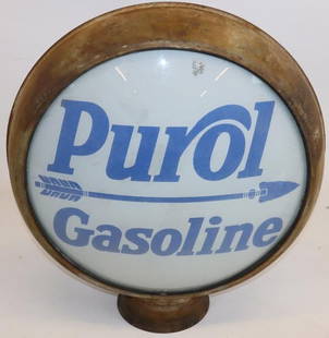 Early Purol Gasoline 15" Metal Body Gas Pump Globe: This globe is original and complete with 15" lenses on a original metal body. The lenses show some fading and wear throughout on both sides. 20" x 18" x 6.6" overall.
