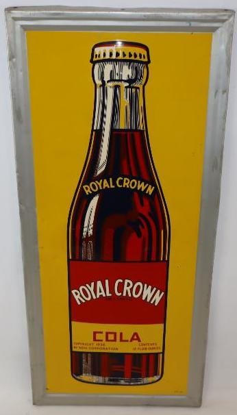 Royal Crown RC Cola SST Embossed Bottle Sign: This sign is marked "AM 2-41" and retains its original wood framed back. It has good color and gloss throughout with only light surface wear. It is 36" x 16" and is graded an 8.75