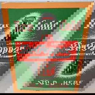 Ice Cold Dr. Pepper Sold Here Embossed SST Advertising Sign: This sign has some slight bubbling to the paint, however it remains stable throughout. It is marked "Roberston Dualife 1938." The sign still has great color throughout. It is 28" x 20" and is graded a