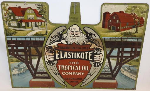 The Tropical Oil Company ElastiKote DST Hanger Sign: This early sign is marked H.D. Beach Company. It has great colors and graphics on both sides. There is some light staining and wear to the display side. The reverse has some scratches throughout the f