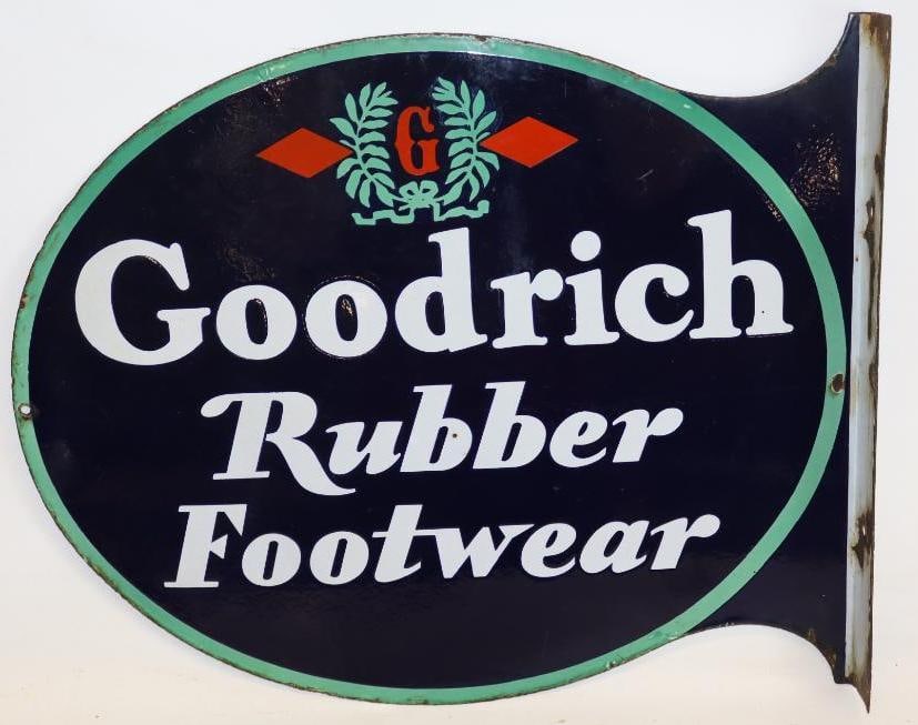Goodrich Rubber Footwear DSP Porcelain Flange Sign: This sign has good color and gloss throughout. The field on both sides is clean with only a couple of tiny chips. There is some additional chips on one side near the flange edge. 23.25" x 19" x 2". Gr