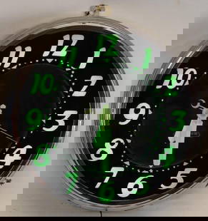 Neon Glo-Dial Advertising Clock: This all original clock is in excellent overall condition and retains the original Glo-Dial tag on the side of the can. It lights up and works great. 22" diameter x 6". Graded 9.