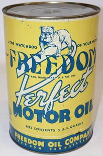 Freedom Perfect Metal 5 Quart Motor Oil Can: This can has been emptied by one small hole in the top lid. It has some light surface scratches and wear and one small dent near the bottom edge. It displays very well overall. 9.5" x 6.5" x 6.5". Gra