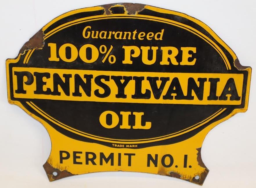 100% Pure Pennsylvania Oil Permit #1 Sterling DSP Porcelain Sign: This sign likely would've been attached to another sign or globe for Sterling Oil Co. It does have some slight surface wear throughout the field and chips along the outer perimeter. 10" x 12.25". Grad