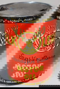 Elk-O-Lene Metal 1 Quart Motor Oil Can: The display side shows good bright colors with only minor surface wear and scratches. The reverse has some slight fading along with some additional surface wear. It has been drained by two holes in th