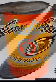 Detailed Indian Motorcycle Oil Metal 1 Quart Motor Oil Can: This is the earliest and most detailed version of the Indian motorcycle quart. It shows some slight discoloration and light wear to the field. It has been drained by two holes in the top lid. 5.5" x 4