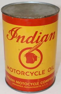 Full Indian Motorcycle Metal 1 Quart Motor Oil Can: This is an unopened Indian Motocycle quart with Indian graphics in the center. It has good color and gloss throughout with only some slight surface wear and scratches. 5.5" x 4" x 4". Graded 8.5.