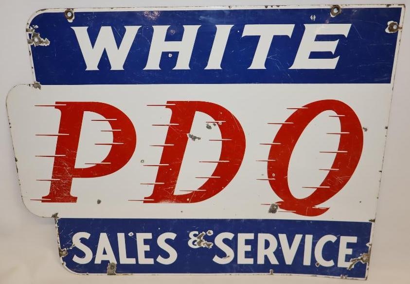 White Trucks PDQ Sales and Service DSP Porcelain Sign: The display side has good color with areas of surface scratches throughout. It also has some chips to the field. The reverse has more chips and heavier surface wear and scratches. 28" x 36". Graded 6.