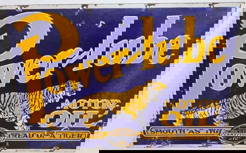 Graphic Power-Lube Motor Oil DSP Porcelain Sign: The display side shows some slight fading and discoloration near the left and right edges, along with some light surface