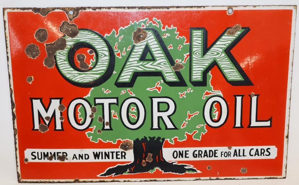 Oak Motor Oil DSP Porcelain Curb Sign: This sign shows good color and gloss on both sides, however both sides also show heavy chipping to the field. There are two additional holes to the field. 16.5" x 26". Graded 7 and 6.