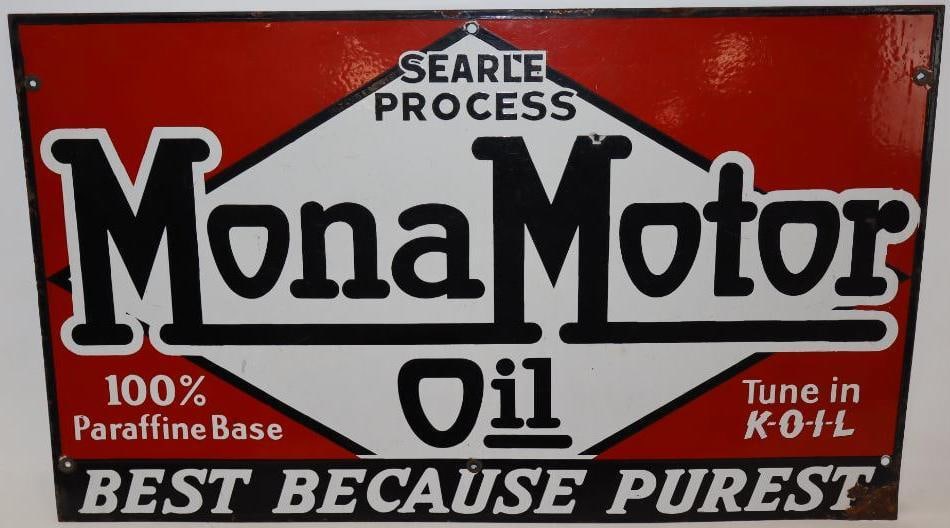 Porcelain MonaMotor Oil SSP Sign: This sign has great color and gloss but does show some surface wear and scratches throughout the field. There are some chips at the lower edges, and bottom right corner. It measures 24" x 40" and is g