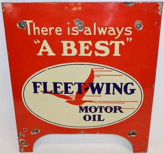 Fleet-Wing Motor Oil SSP Porcelain Oil Bottle Rack Sign: This sign has a rolled edge on each side. It does show some chipping near the mounting holes and near the bottom edges. It has good color and gloss throughout. 23" x 20.5". Graded 8.