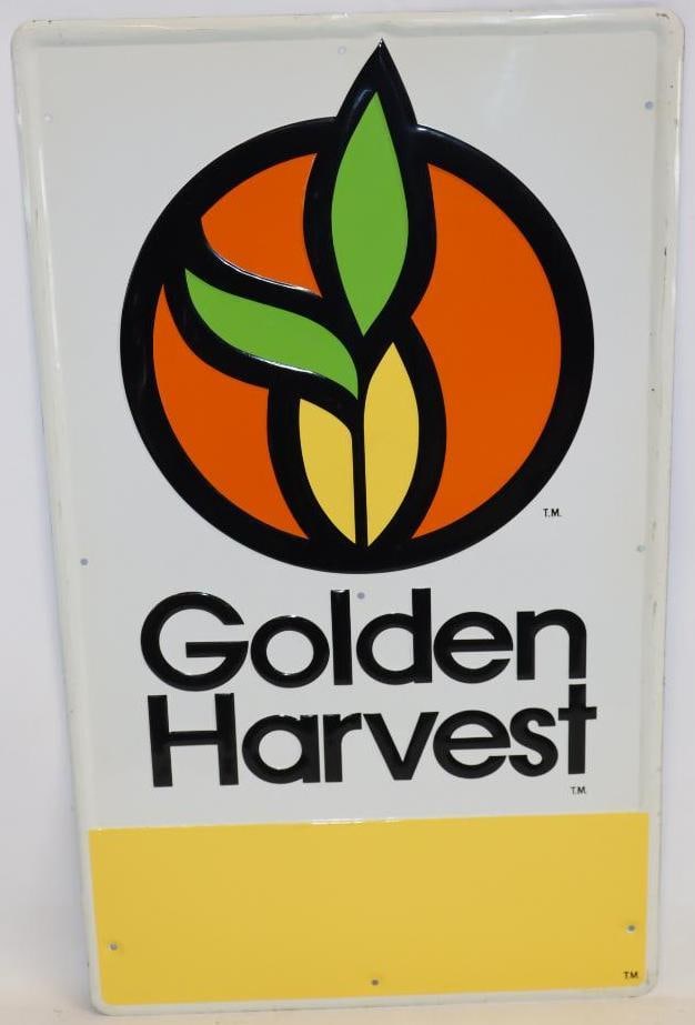 Golden Harvest Embossed Farm Seed Advertising Sign: It is marked Press Sign Company. It has good colors throughout with only minor surface wear. 48" x 28". Graded 9.