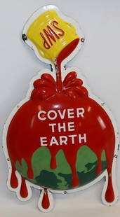 Sherwin Williams Paint "Cover The Earth" Embossed Porcelain SSP Sign: This sign shows great color and gloss throughout with some small chips along the edges. 30" x 17" x 4". Graded 8.75.