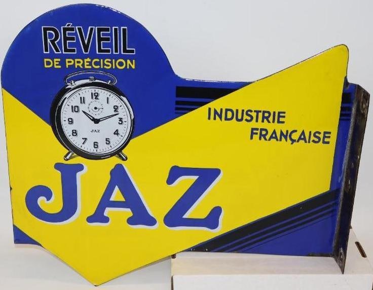 Jaz Reveil Precision Clocks Porcelain DSP French Flange Sign: The sign is in excellent overall condition with great color and gloss and a very clean field. There are some chips on the flange edge. 19" x 21.5". Graded 9 and 9.
