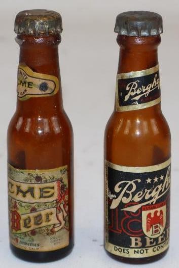 Group of 2 Acme and Berghoff Miniature Glass Advertising Bottles: Largest is 3.75" x 1" x 1"