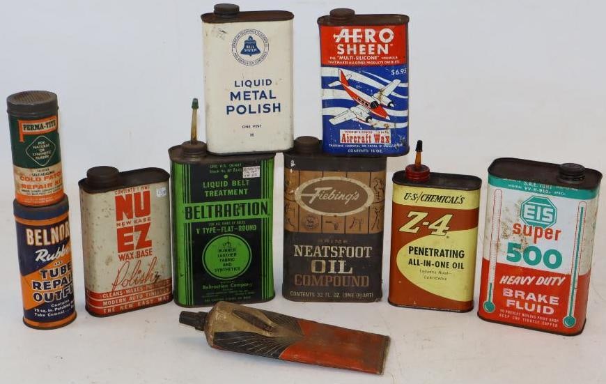 Group of 10 Advertising Automotive Quart, Pint, Tube Repair, and Outboard Lubricant Container Cans: Largest is 32oz.