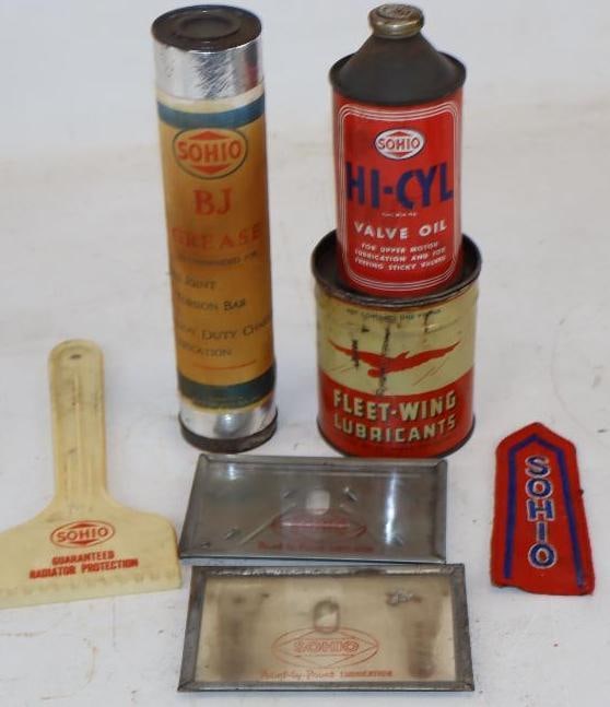 Group of 7 Sohio, and Fleetwing Grease, Valve Oil, Patch, Scraper, and Lubrication Keeper (1 of 2)