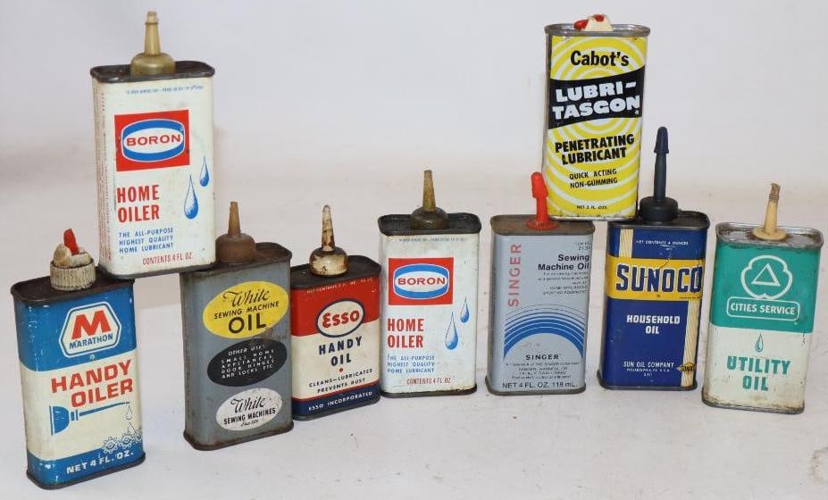 Group of 9 Sunoco, Boron, Esso, Marathon, and Cities Service Handy Oiler Cans: Largest is 4oz.
