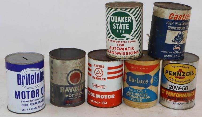 Group of 7 Cities Service, Havoline, Castrol, Quaker State, Pennzoil, De-Luxe, and Britelube One: Havoline is missing lid. Britelube and Pennzoil are banks. 32oz. each