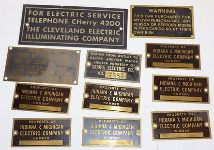 Group of 11 Brass and Metal Electric Company Signs: Largest is 6" x 2.5"