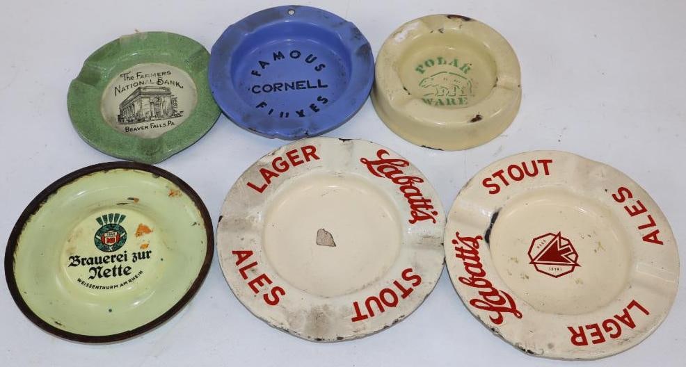 Group of 6 Porcelain Advertising Ashtrays: Largest is 6.5" x 6.5" x 1"