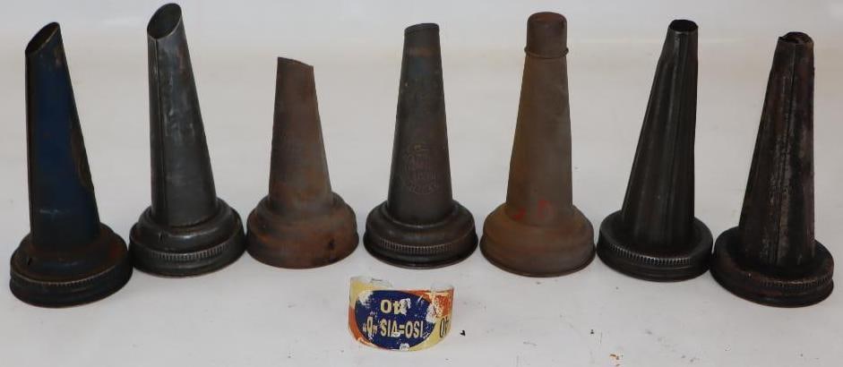 Group of 8 Oil Bottle Spouts and Iso=Vis "D" Bottle Collar: Largest is 6.5" x 2.5" x 2.5"