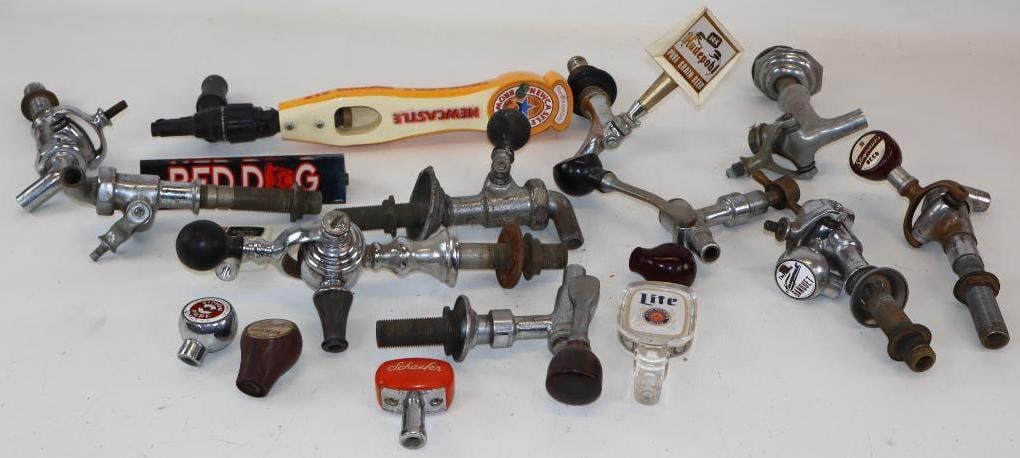Group of 19 Schaefer, Simon Pure, Stroh's, Hudepohl, Red Dog, and New Castle Beer Taps: Largest is 17" x 2" x 5"