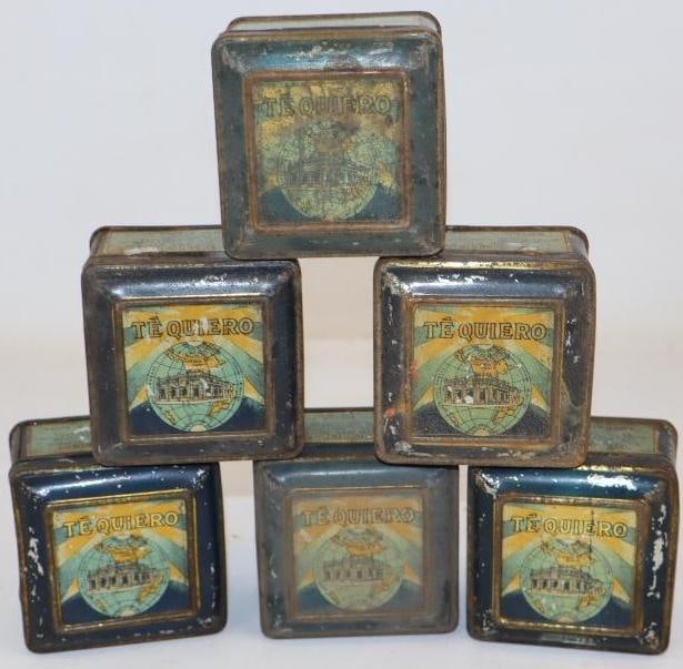 Group of 6 1930's Te Quiero Advertising Tobacco Tins: 3" x 3" x 2" each