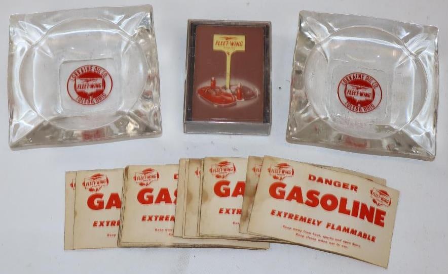 Group of 30 Fleetwing Advertising Glass Ash Trays, Playing Cards, and Gas Pump Stickers (1 of 5)