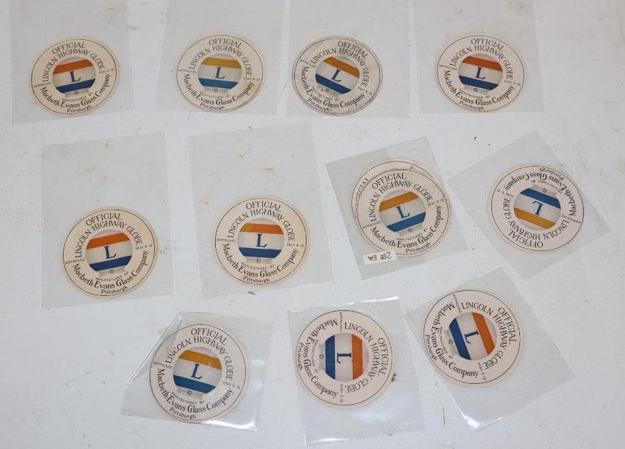 Group of 12 1916 Lincoln Highway MacBeth-Evans Glass Company Globe Labels: 2" x 2" each
