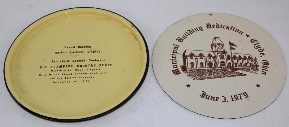 Group of 2 1970's Porcelain Advertising Dedication Signs: Largest is 10.5" x 10.5" x 0.5"