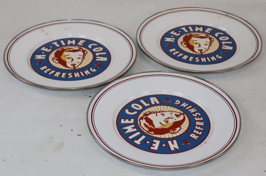 Group of 3 Porcelain N-E-Time Cola Advertising Plates: 11" x 11" x 0.5" each