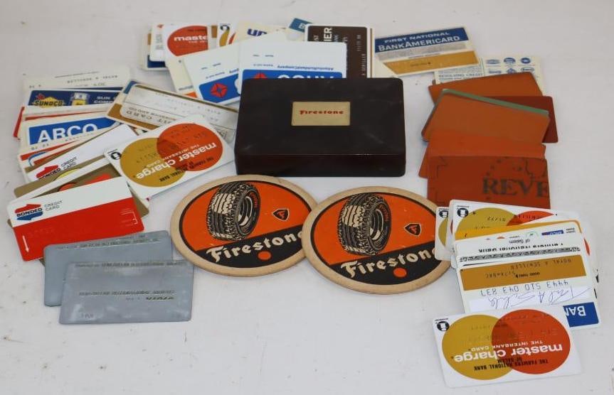 Group of 95 Gas and Oil Related Credit Cards, Firestone Playing Cards and Coasters, and Metal: Largest is 5" x 3.75" x 1"