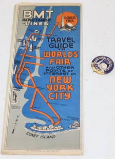 Group of 2 1939 New York Worlds Fair Travel Guide and Pin Back Badge: Largest is 10" x 4"