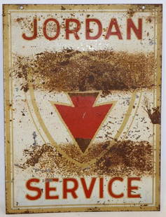 Double Sided Jordan Motor Car Co. Painted Service Advertising Sign: Sign is flaking on the display side. Reverse is heavily stained with surface rust. 24" x 18"