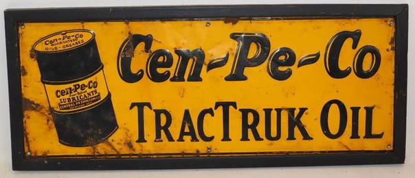 Cen-Pe-Co TracTrunk Oil Single Sided Wood Framed Tin Tacker Advertising Sign