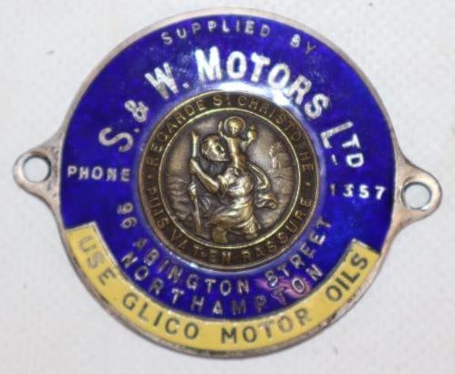 Cloisonne S&W Motors/Glico Motor Oil St. Christopher AutoMobil Medalion: 2.25" x 2"